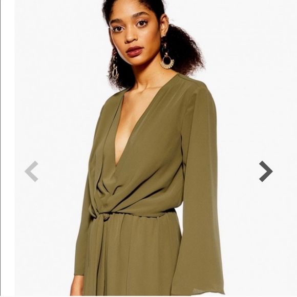 TOPSHOP Olive Green Tie Front Mini Dress - Picture 2 of 9